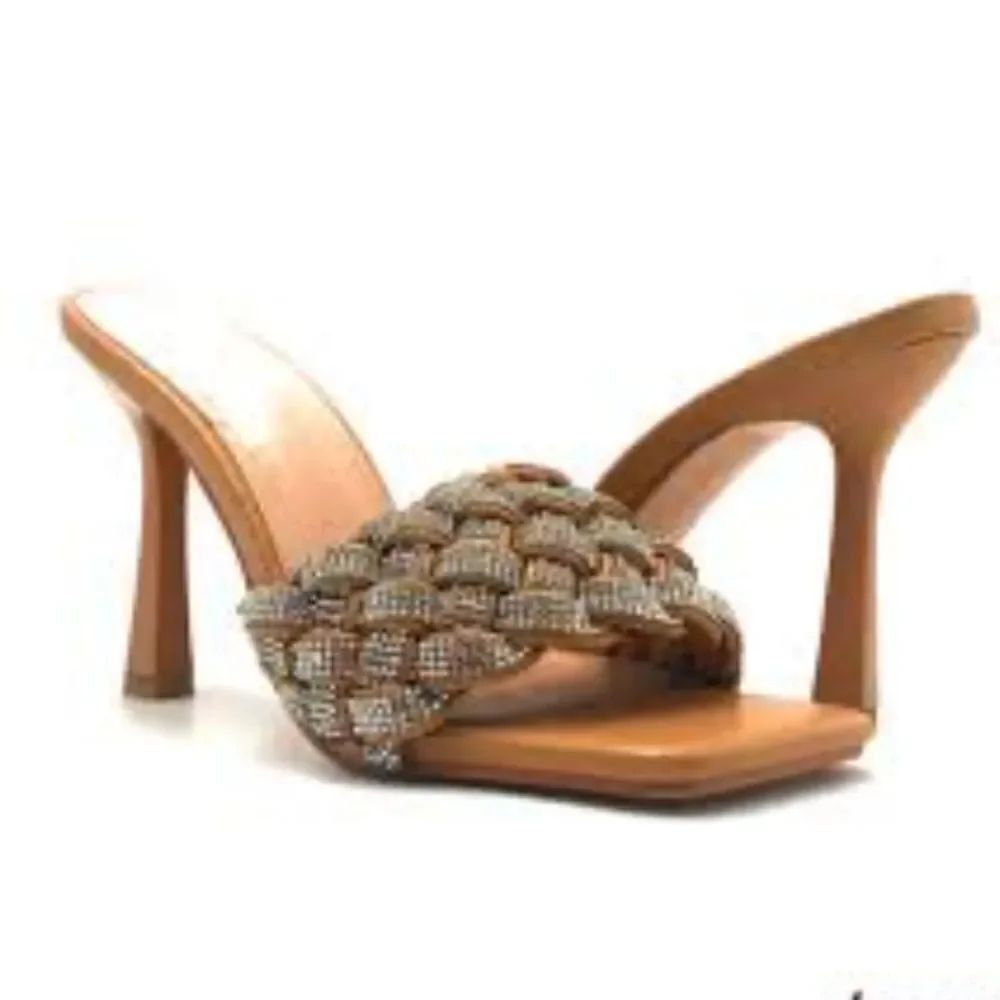 BRAND NEW DELICACY BRAIDED  RHINESTONES EMBRROIDERED HEELS SQUARE TOE SANDAL